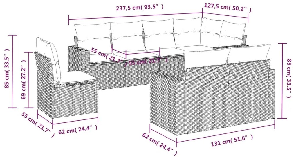 8 pcs conjunto de sofás p/ jardim com almofadões vime PE bege