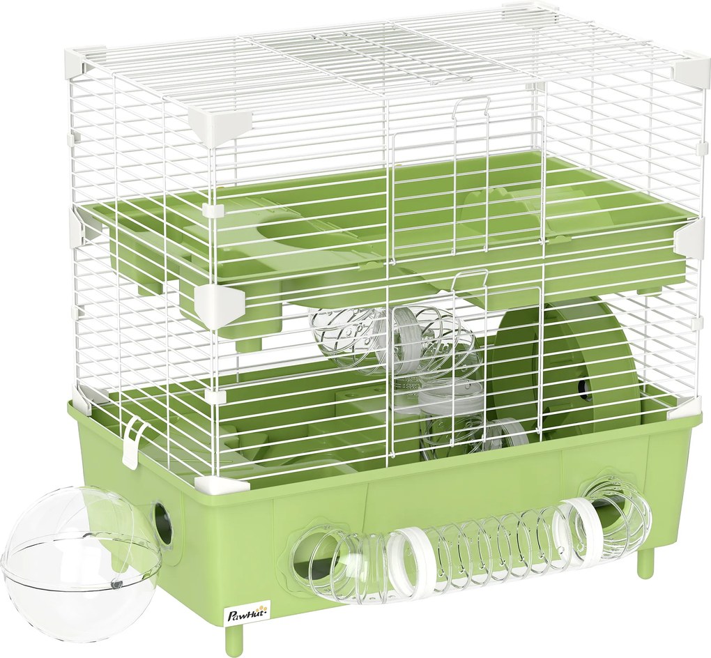PawHut Gaiola para hamster a 2 níveis com roda de corrida banho de areia para hamster anão 44,5 x 28 x 44 cm verde | Aosom Portugal
