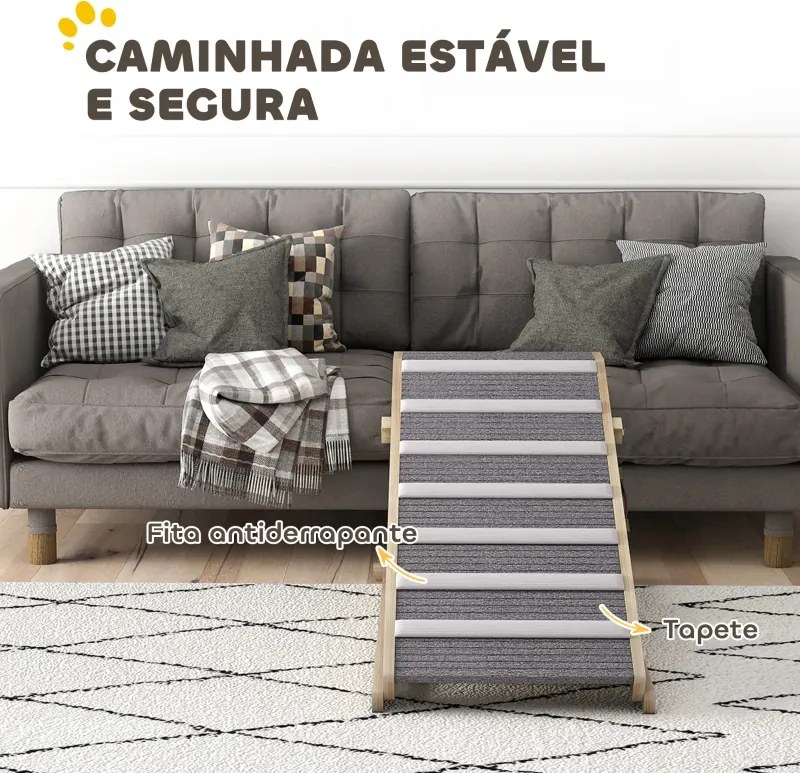 Rampa Dobrável para Cães com Altura Ajustável 35-50 cm e Tapete Antiderrapante 100x50x50 cm Madeira e Cinza