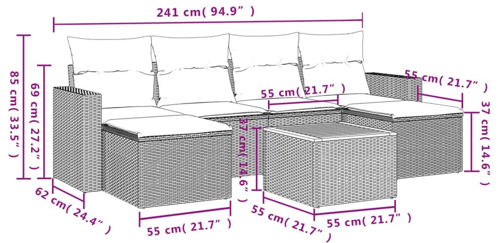 7 pcs conjunto de sofás p/ jardim c/ almofadões vime PE preto