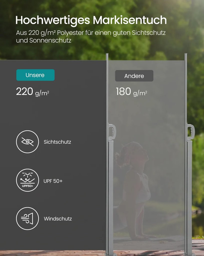 Toldo lateral de 180 x 500 cm com caixa de aço antracite