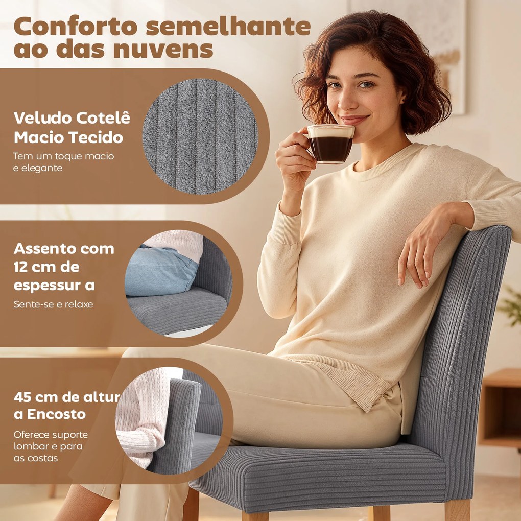 Conjunto de 4 Cadeiras de Jantar Modernas (MESA NÃO INCLUIDA) Encosto Alto Estofadas em Tecido Canelado Tipo Veludo 44x56x90 cm Cinzento