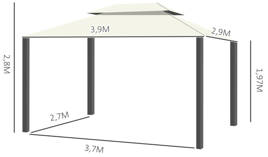 Pérgola de Jardim 390x290 cm com Teto de Ventilação 4 Cortinas Laterais Tela Mosquiteira e 8 Orifícios de Drenagem Branco