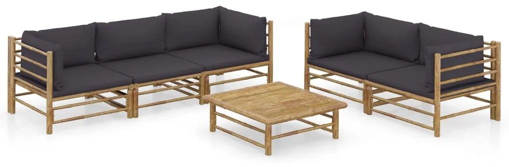 vidaXL 6 pcs conj. lounge jardim em bambu c/ almofadões cinza-escuro