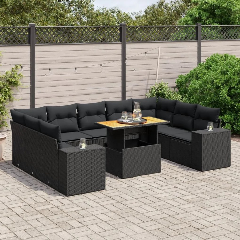 10 pcs conjunto sofás de jardim c/ almofadões vime PE preto