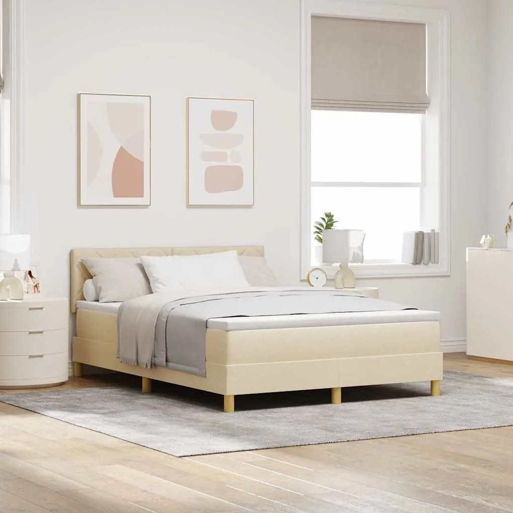 Cama Box Spring com Colchão &amp; LED Creme 140x190 cm Tecido