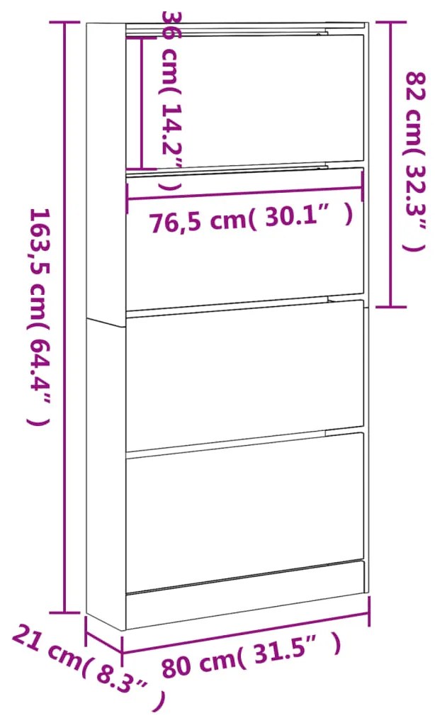 Sapateira 4 gavetas articuladas 80x21x163,5 cm carvalho sonoma