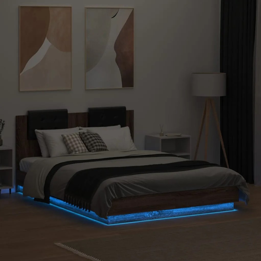 Estrutura cama cabeceira/luzes LED 120x190 cm carvalho castanho