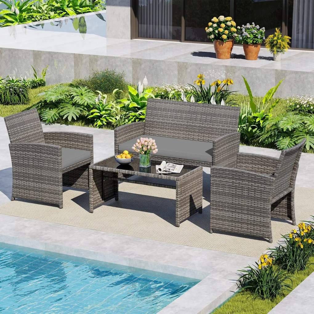 Conjunto de Jardim, 4 peças em rattan com almofadas e tampo em vidro temperado, para jardim, alpendre ou varanda, cinzento
