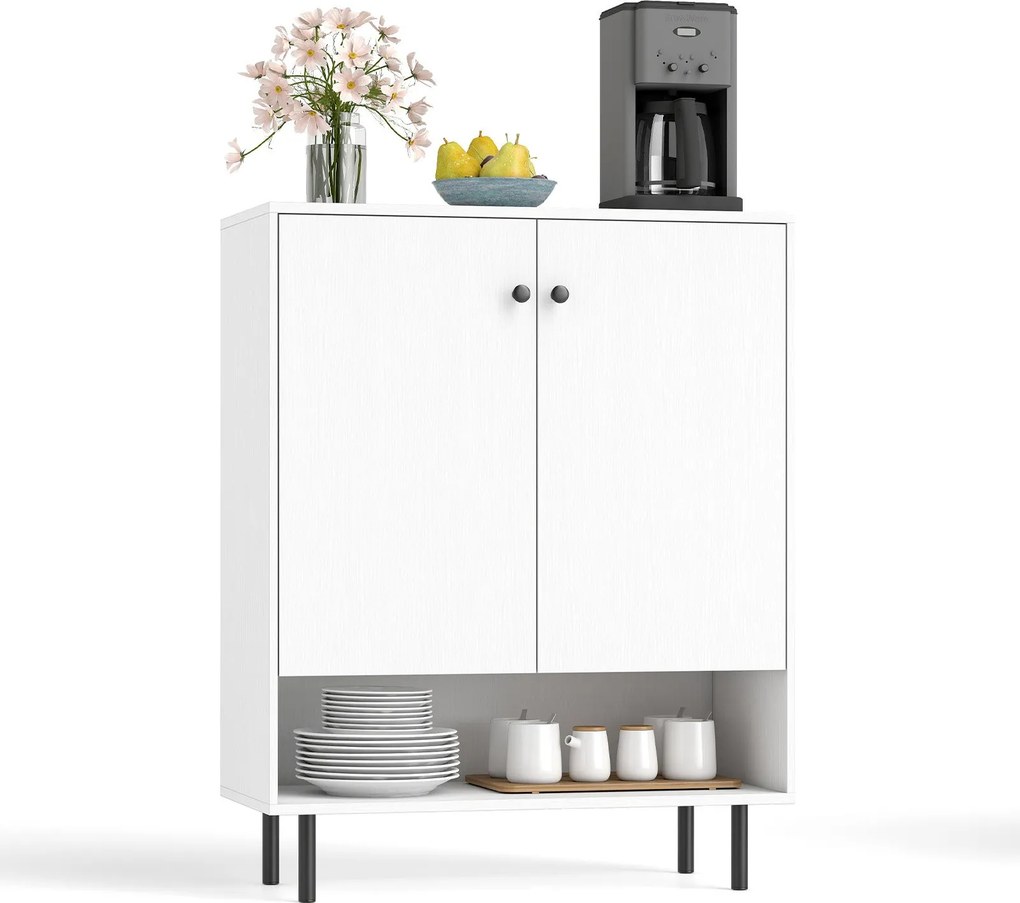 Aparador de madeira 75 x 35 x 95 cm com prateleiras ajustáveis e 2 portas, vitrine, armário buffet, armário de cozinha, branco