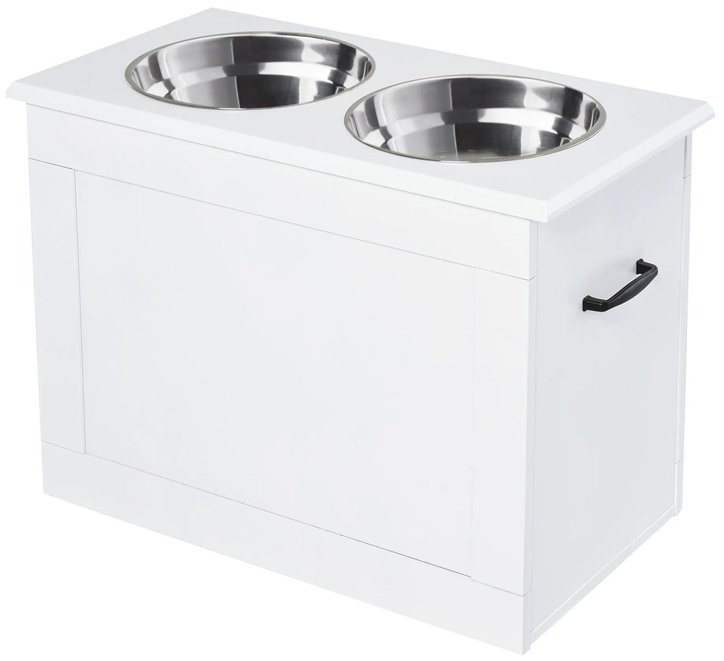 PawHut Comedouro Elevado para Cães com 2 Tigelas de Aço Inoxidável e Espaço de Armazenamento Oculto 60x30x41 cm Branco | Aosom Portugal