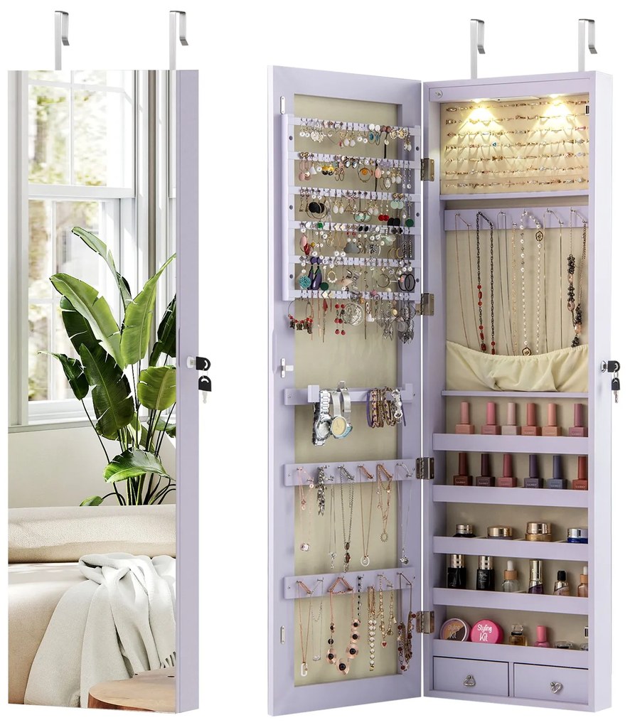 Armário para joias com iluminação LED Prateleira para joias com espelho Armário com espelho com fechadura Bege