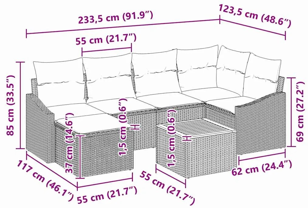 Conjunto de Sofá de Jardim de 7 Peças com Almofadas Bege em Rattan de