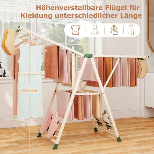Estendal dobrável com braços ajustáveis 163 x 56 x 99–158 cm, pinças para meias e prateleira para sapatos, secador de roupa extensível bege