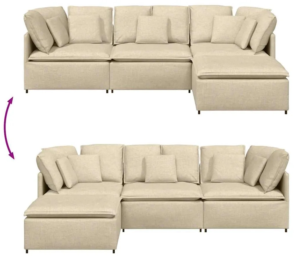 Sofá modular com pufes e almofadas tecido creme