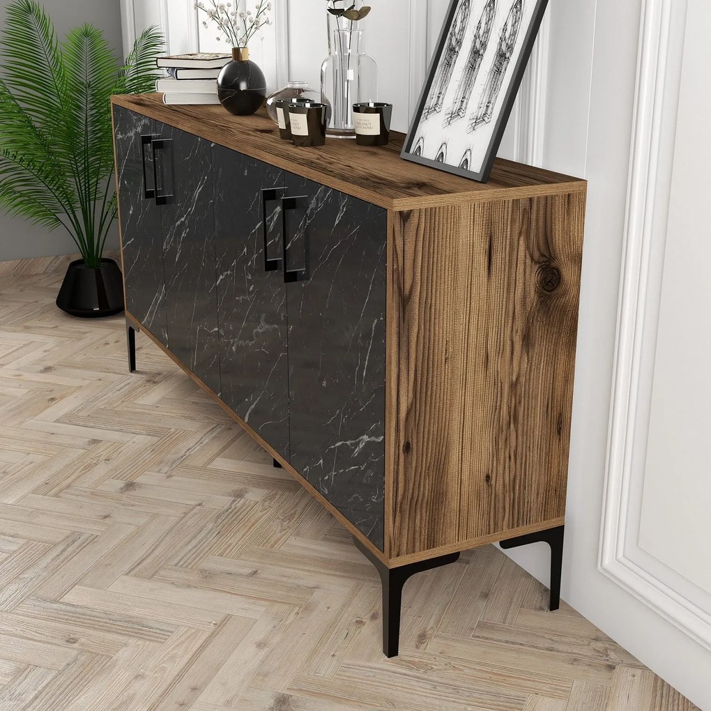 Console Kiev – Nogueira e Mármore Preto – 160 cm x 78 cm x 35 cm