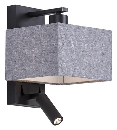 LED Candeeiro de parede moderno preto com quadrado cinzento e luz de leitura - Puglia Moderno