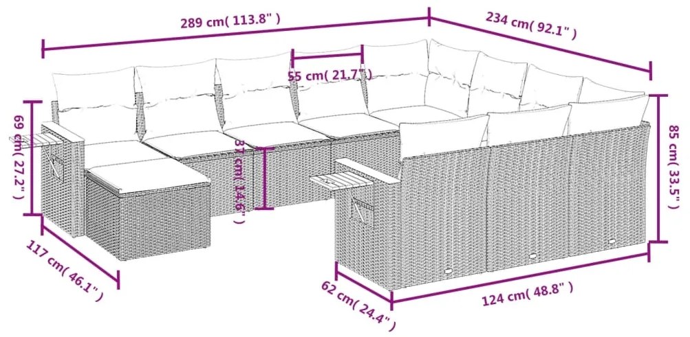 11 pcs conjunto sofás de jardim c/ almofadões vime PE bege