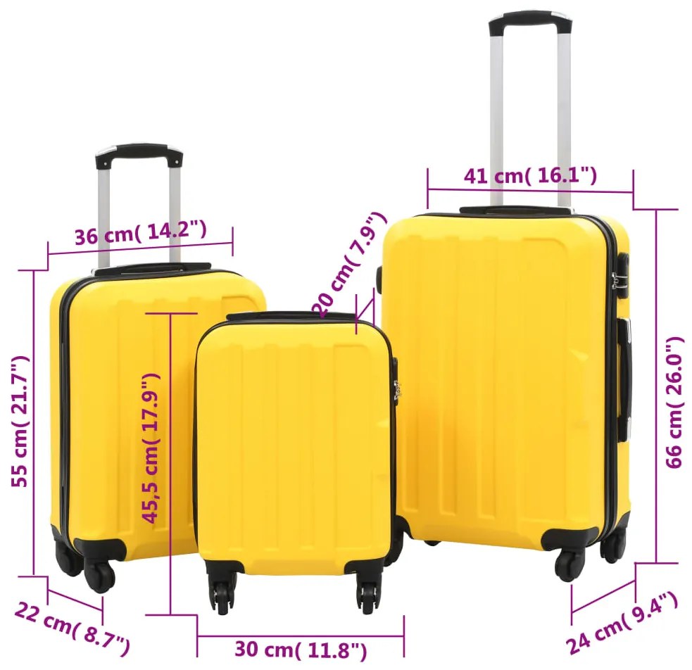 Conjunto de tróleis estojo rígido 3 pcs ABS amarelo