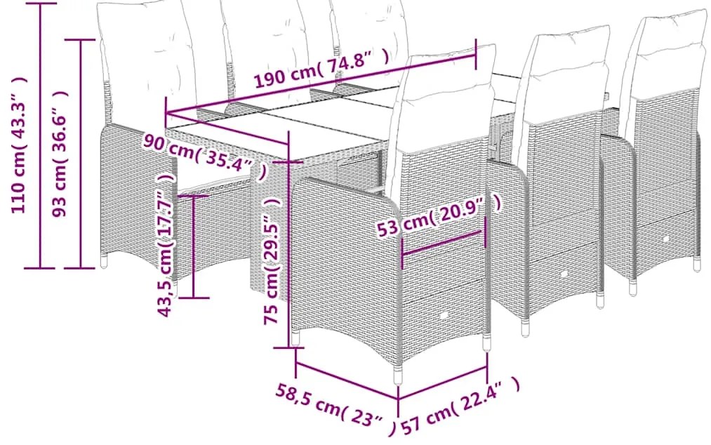 7 pcs conjunto bistrô de jardim c/ almofadões vime PE castanho