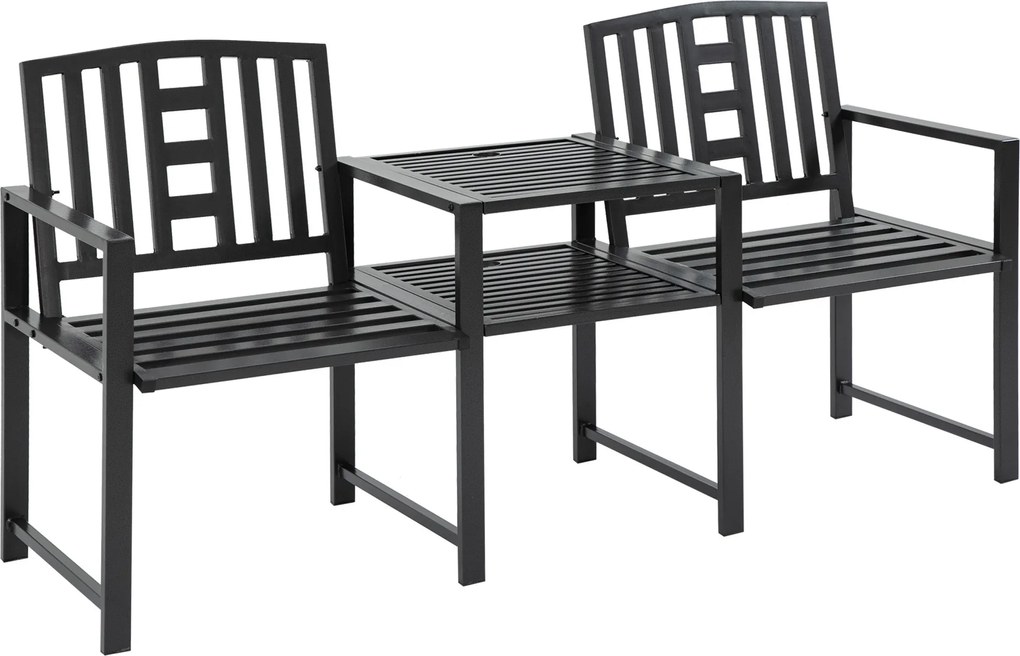 Outsunny Banco de Jardim Moderno 2 Lugares com Mesa e Furo para Guarda Sol Mobiliário de Exterior 165x56x85,5 cm Preto | Aosom Portugal