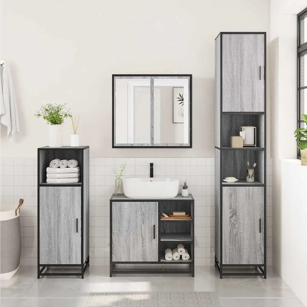 3 pcs Conjunto móveis casa de banho madeira proc. cinza sonoma