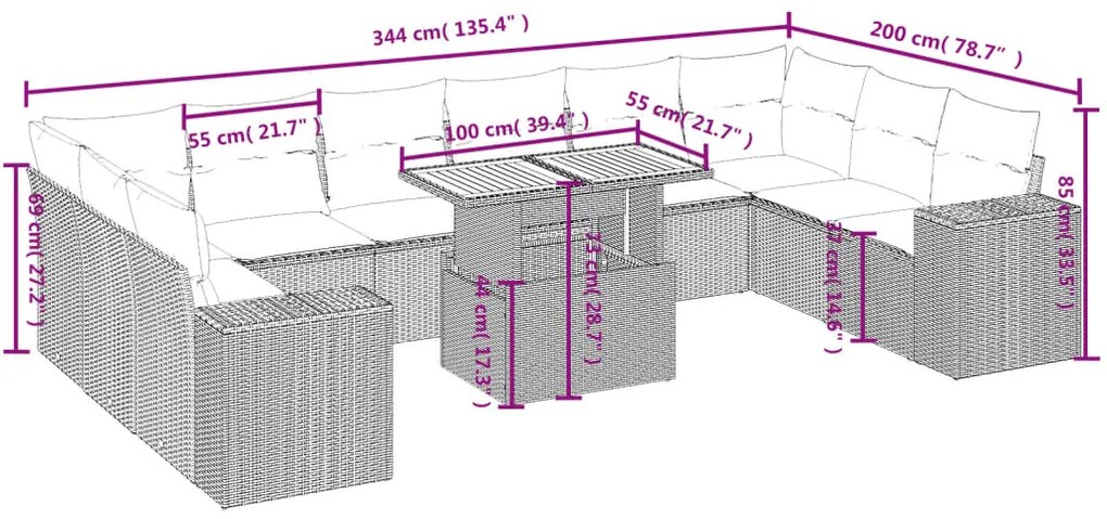 11 pcs conjunto sofás de jardim c/ almofadões vime PE cinzento
