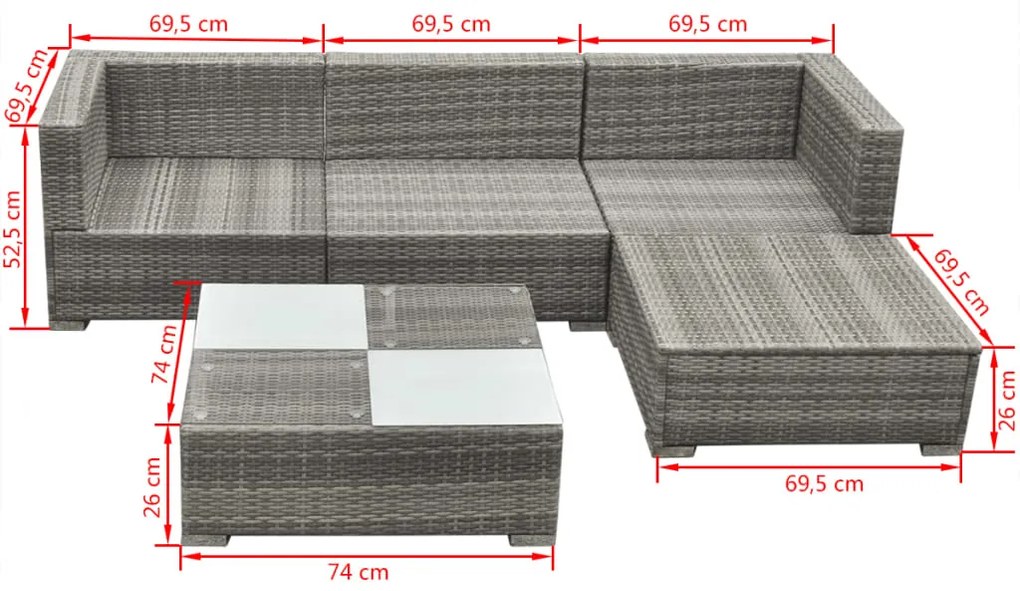 5 pcs conjunto lounge de jardim c/ almofadões vime PE cinzento