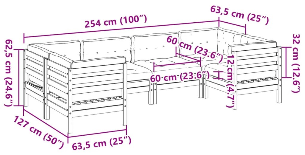 6 pcs conjunto sofás de jardim c/ almofadões pinho impregnado