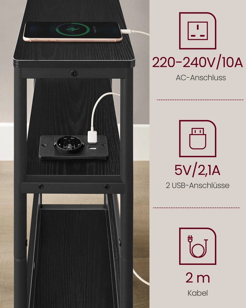 Mesa de cabeçeira ou Mesa de apoio, com 1 tomada e 2 portas USB e 3 prateleiras estreitas 18 x 45 x 58 cm Preto