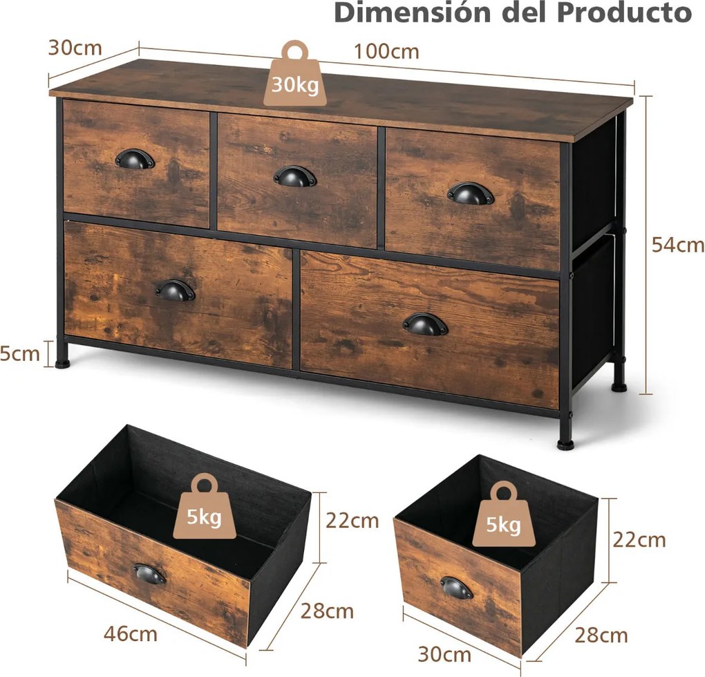 Organizador "Rustico Marrón" com 5 Gavetas de Tecido Dobráveis - 100x3