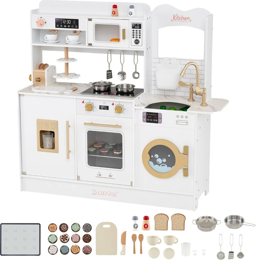 Cozinha de brincar em madeira para crianças 100 x 29,5 x 94 cm com luz, som e vários acessórios, forno micro-ondas e torneira para maiores de 3 anos,