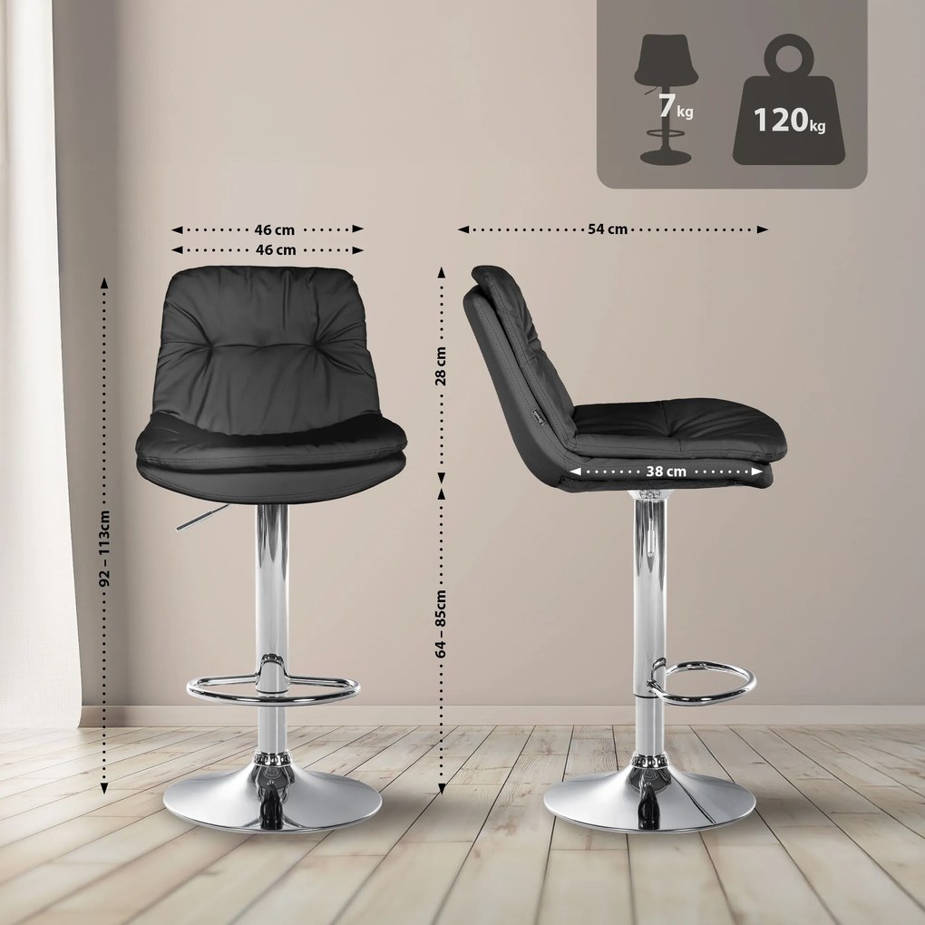 Banco de bar em couro sintético com estrutura prateada 92-113 x 46 x 54 cm preto