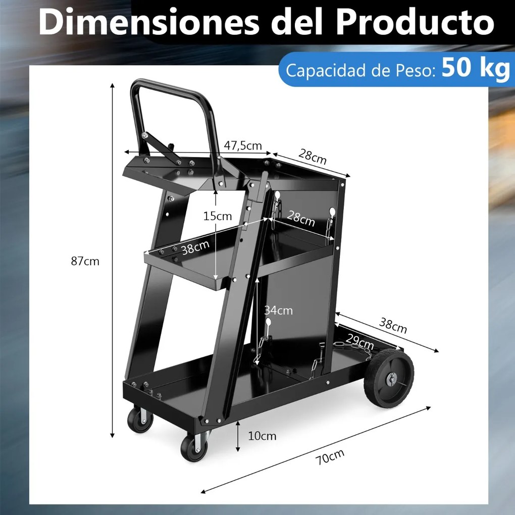 Carrinho de soldagem de 3 níveis 70 x 38 x 87 cm  (MAQUINA NÃO INCLUIDA) com 2 correntes de segurança, rodas giratórias, 2 ganchos laterais e capacida