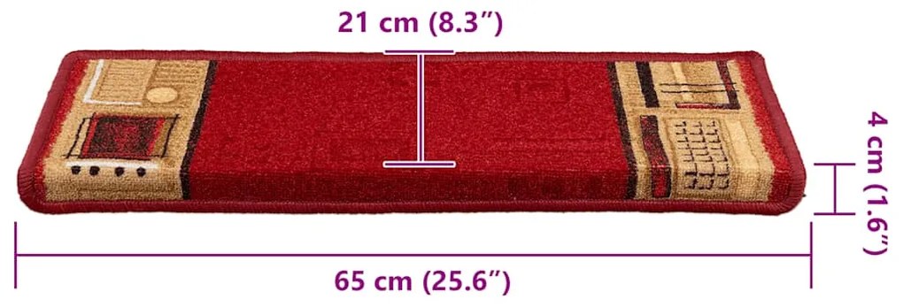 Tapetes de escada autoadesivos 15 pcs 65x21x4 cm vermelho