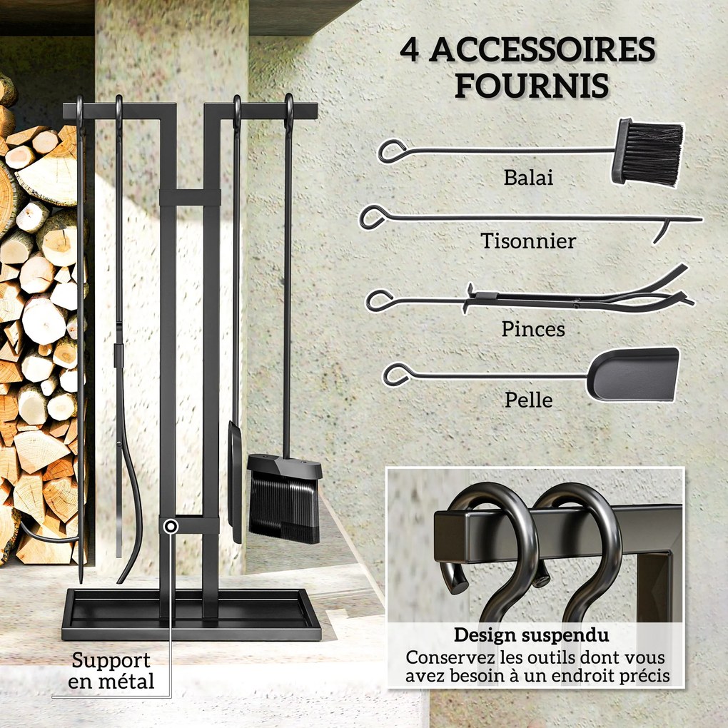 Conjunto de 5 Ferramentas para Lareira, 31 x 20 x 64 cm, Construção em Metal, Preto