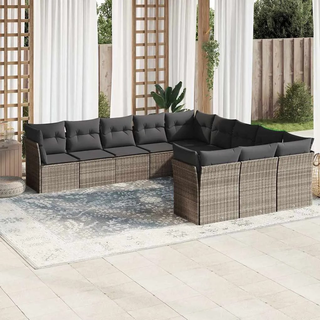 11 pcs conjunto sofás de jardim c/ almofadões vime PE cinzento