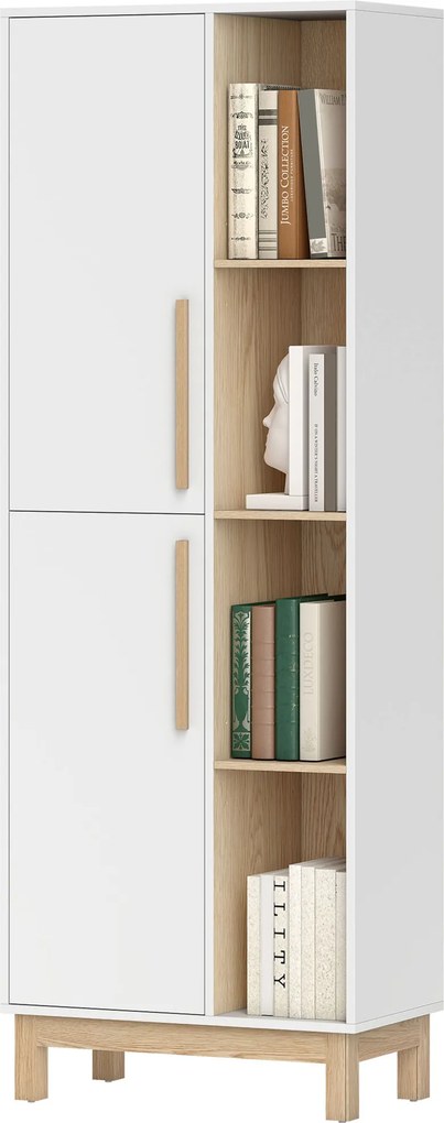 Móvel de casa de banho 62,5 L x 35 P x 176 A cm, móvel de arrumação, 2 portas, 4 compartimentos abertos e prateleiras ajustáveis, branco e natural