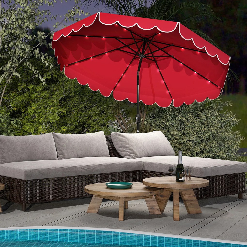 Guarda-sol de pátio de 300 cm com 24 luzes LED, parte superior ventilada, folhos e ajuste de inclinação, Vermelho