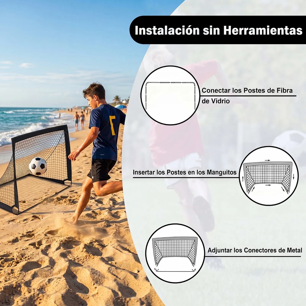 Conjunto de 2 Balizas de Futebol Dobráveis, 120 x 90 x 92 cm, com Estacas de Fixação, Preto