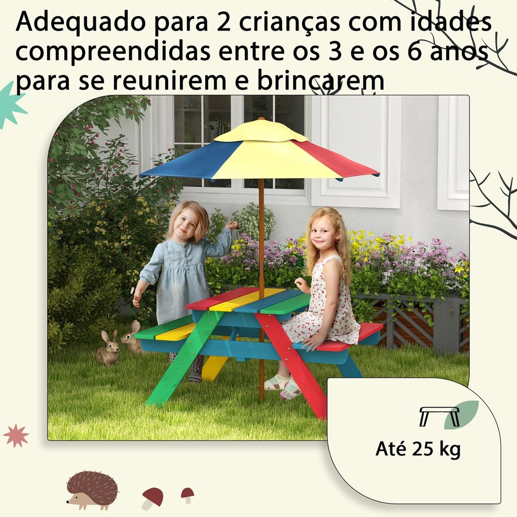 Mesa de Piquenique para Crianças em Madeira com 2 Bancos e Chapéu de S