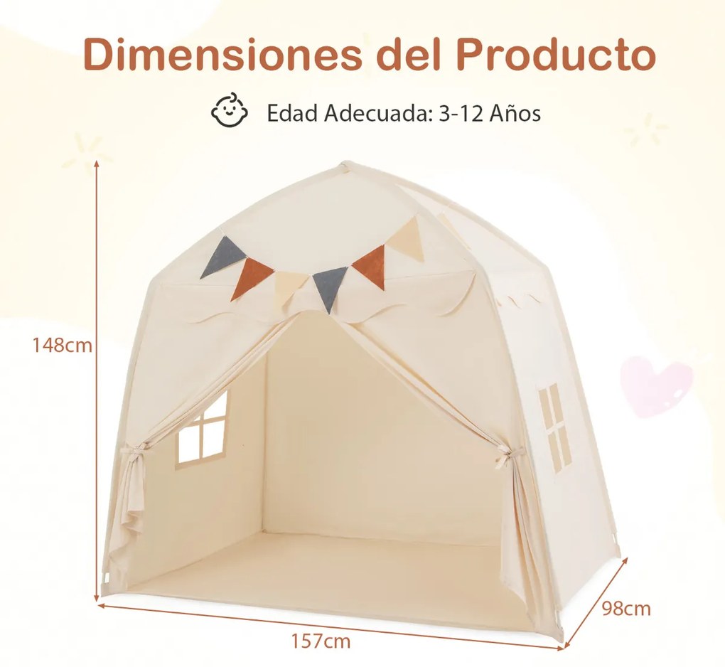 Tenda para crianças 157 x 98 x 148 cm com faixas e luzes de cordas Casa de brincar grande para crianças dos 3 aos 12 anos Bege