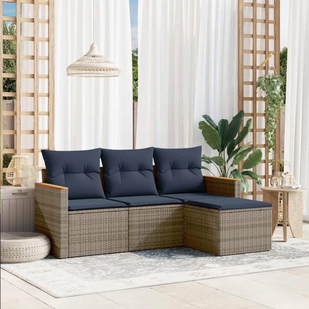 vidaXL 4 pcs conjunto sofás p/ jardim c/ almofadões vime PE cinzento