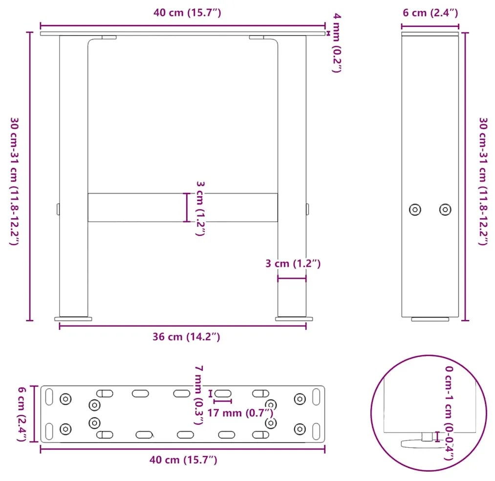 Pés para mesa de centro em aço natural, 2 peças, 40x (30-31) cm, aço