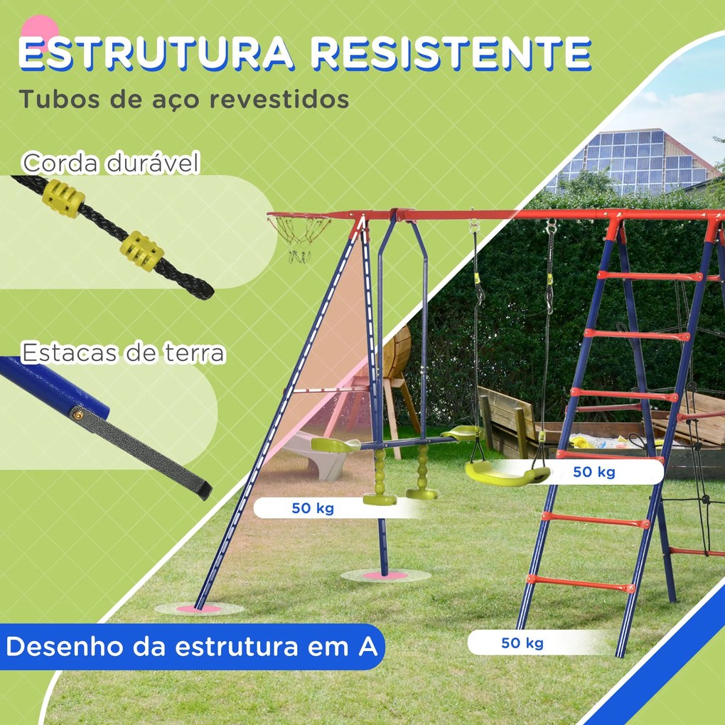 Conjunto de Baloiços para Crianças de Metal 6 em 1 Baloiços para Crianças de 3-12 Anos com 2 Baloiços Cesta de Basquetebol Baloiço Duplo Escada e Argo