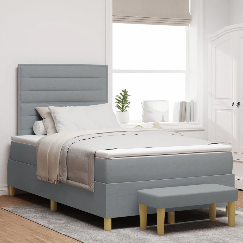 Cama Box Spring com Colchão e Banco Cinzento-claro 120x190 cm Tecido