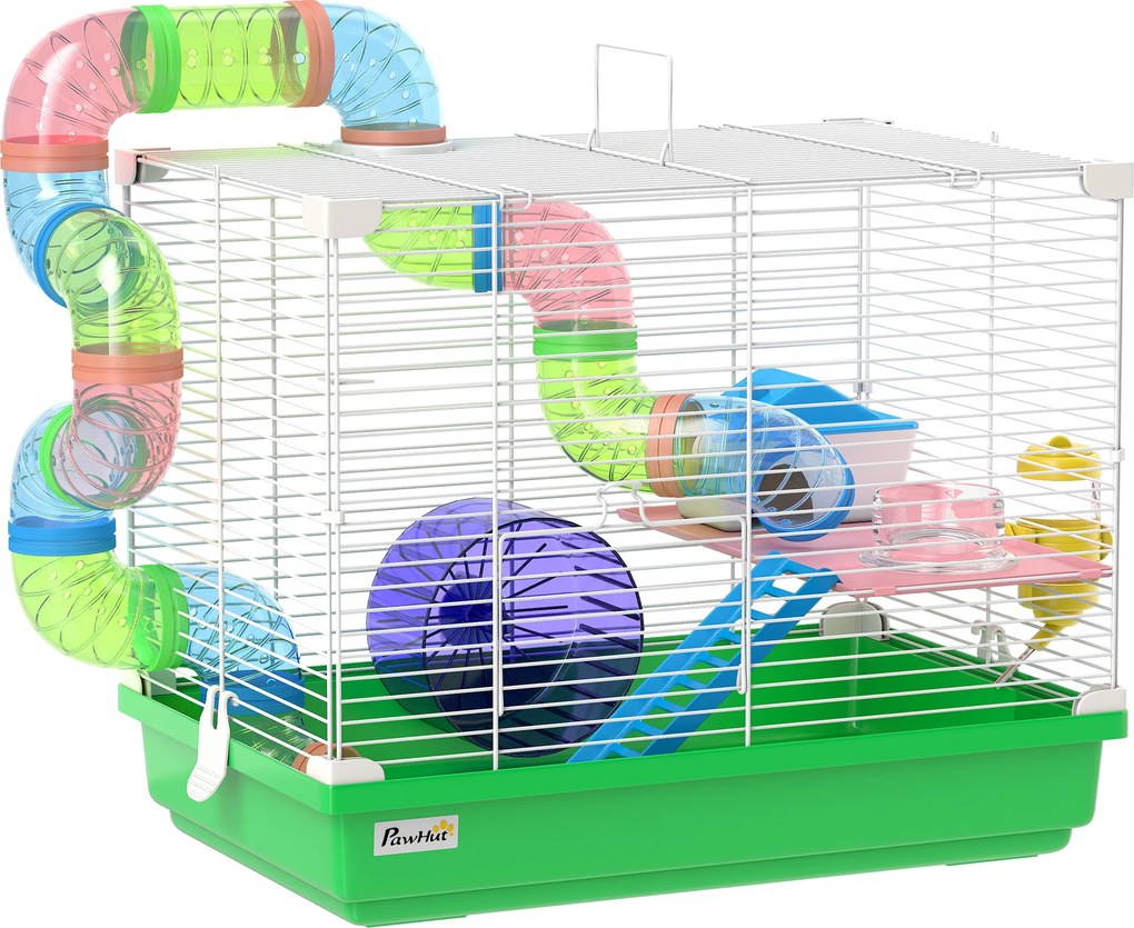 Gaiola para Hamster com Túnel Prato Bebedouro Casinha Rampa Roda de Exercício Bandeja Removível 46x30x37 cm Verde