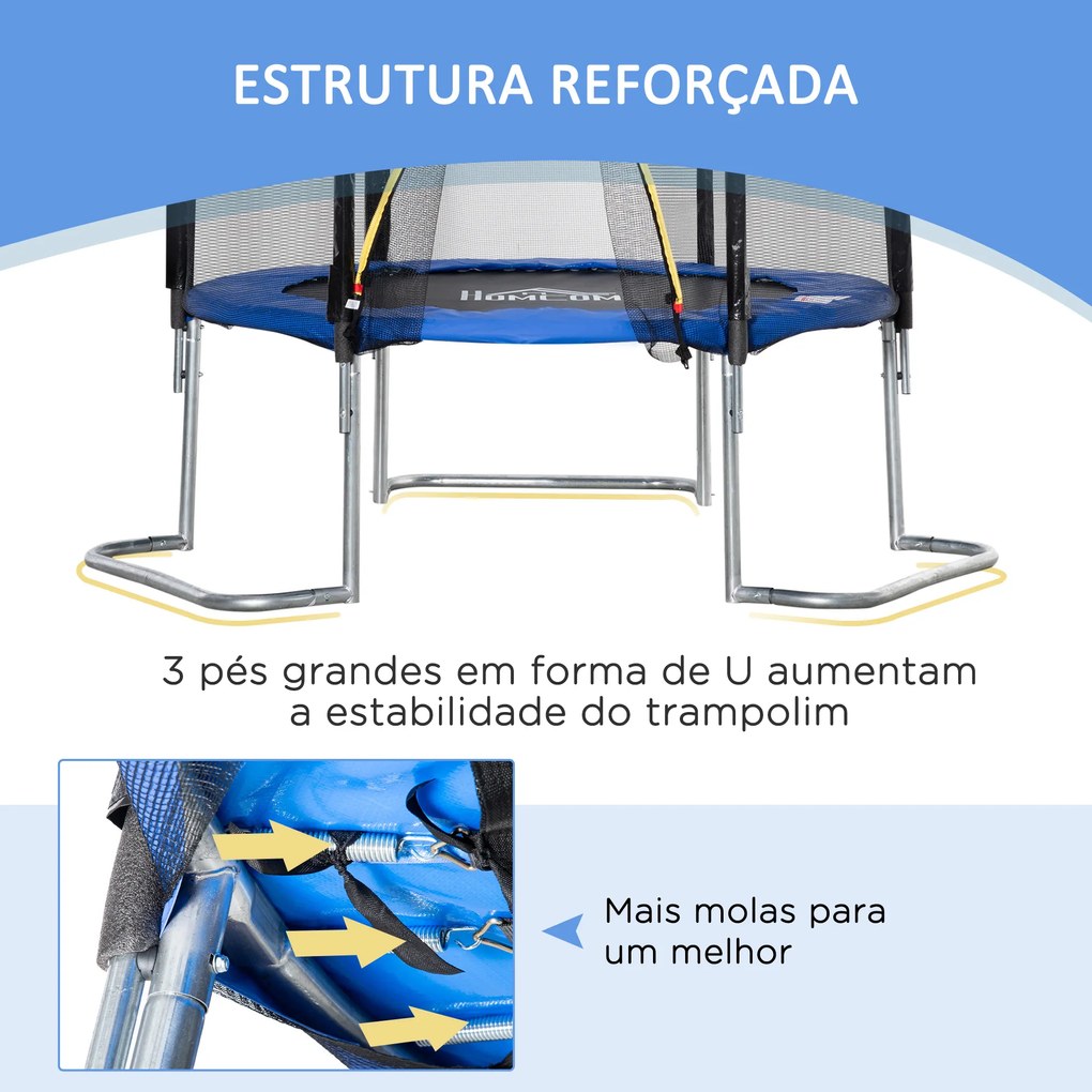 HOMCOM Trampolim de Jardim Ø223cm Trampolim para Crianças Adultos com Superfície de Salto Ø137cm Rede de Segurança Cobertura de Bordas e Escada para Exterior Azul