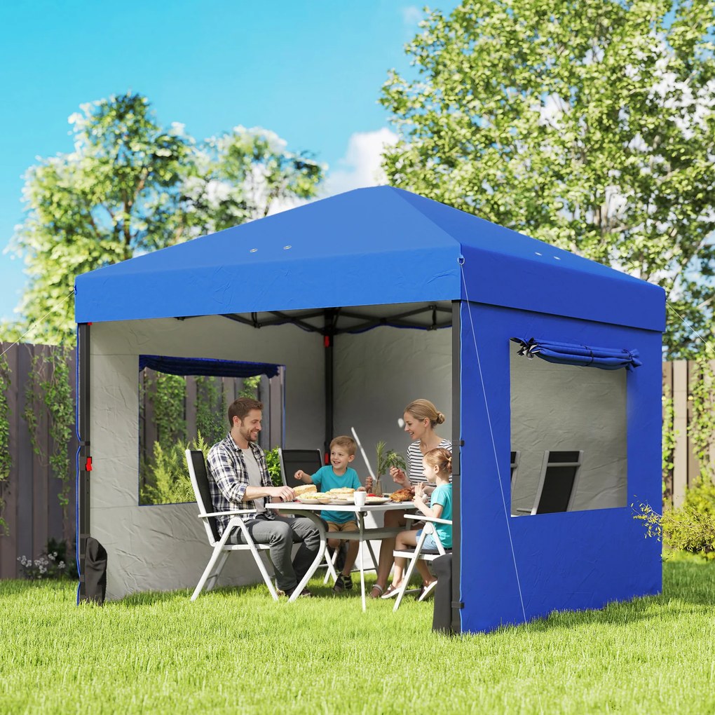 Tenda Dobrável 3x3 m Pop-up com 3 Paredes Laterais 2 Janelas em Malha UPF50+ Altura Ajustável 3 Níveis Azul