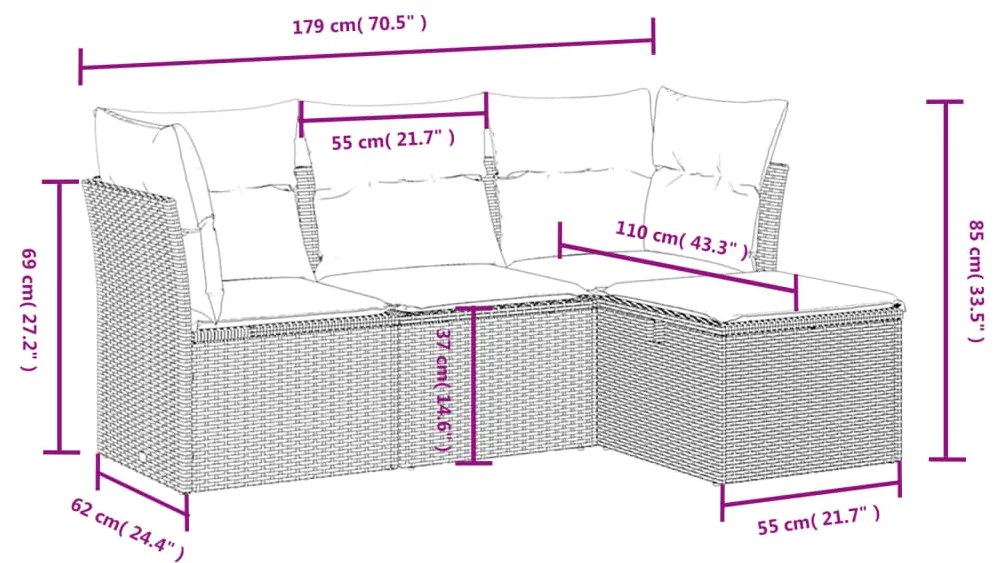 4 pcs conjunto sofás de jardim c/ almofadões vime PE castanho